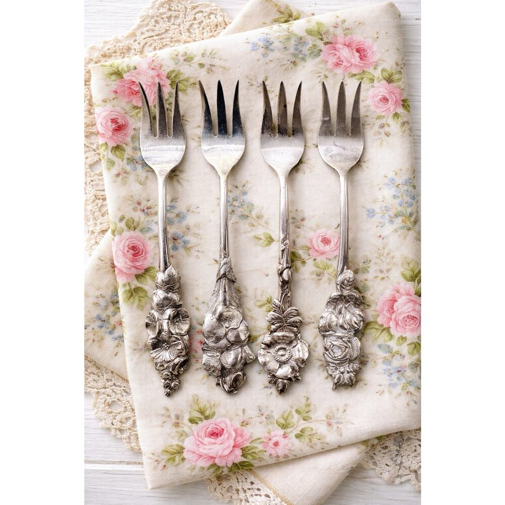 Vintage Reed & Barton Floral Pastry Forks Set SP Mixed Flower Anthropologie Vibe